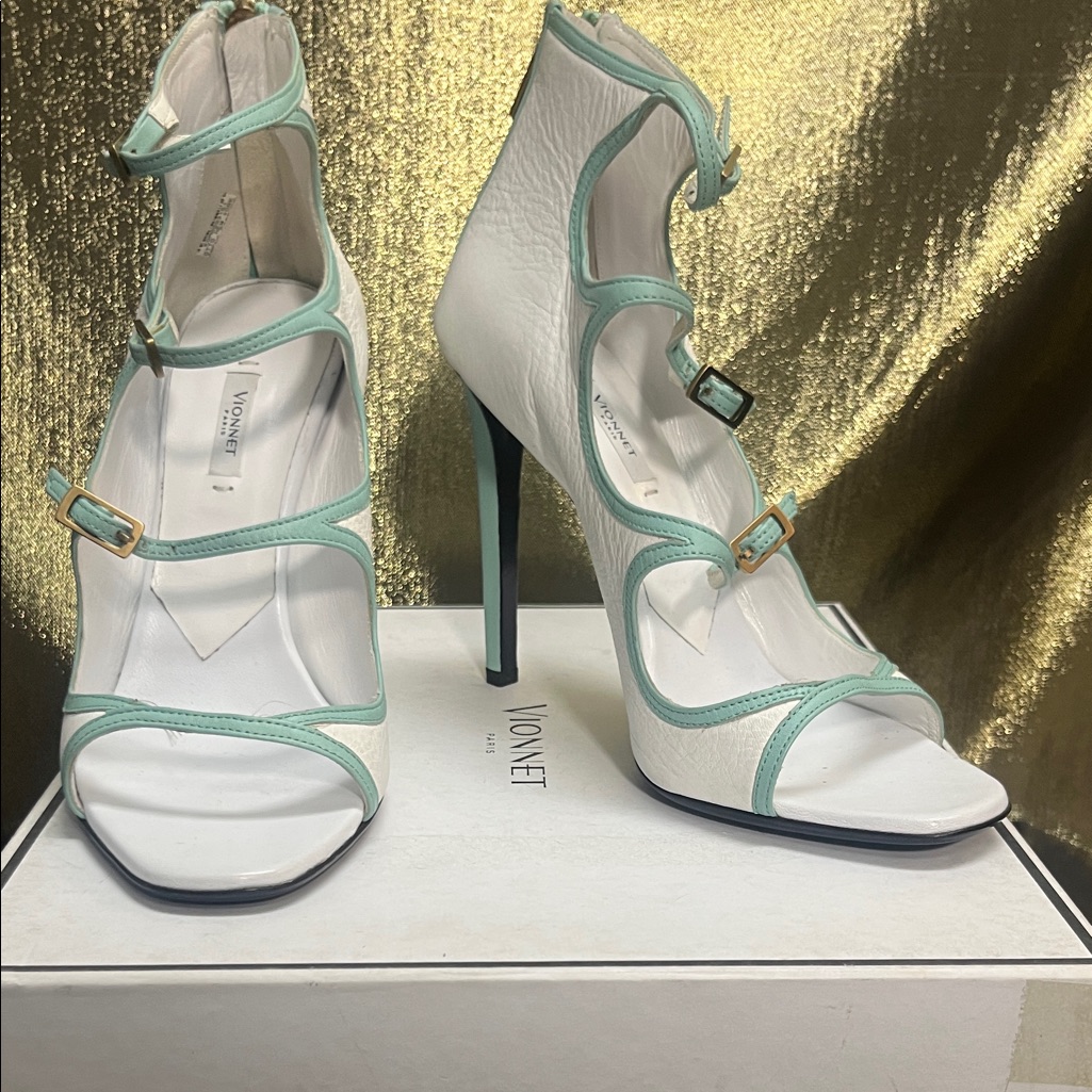 Nwt Vionnet White & Mint Green Strappy Stiletto Sandals